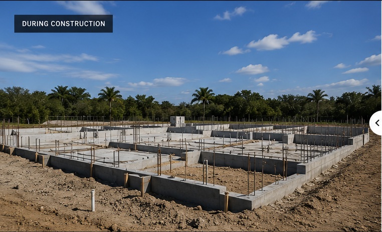New residential construction at the concrete foundation stage